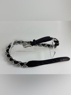 Vintage 90’s Era Black Braided Leather Belt with Silver Emblem Accents